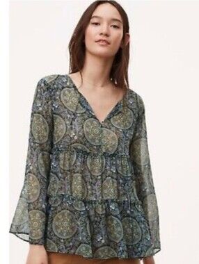LOFT Medallion Boho Tiered V Neck Sheer Blouse Size Small